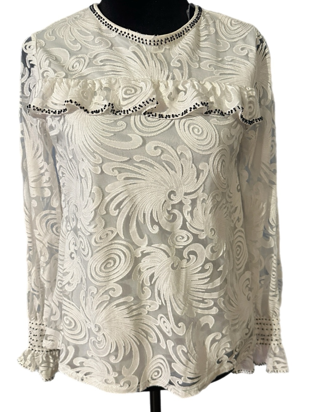 White Lace Ruffle Long-Sleeve Top with Embellished Trim